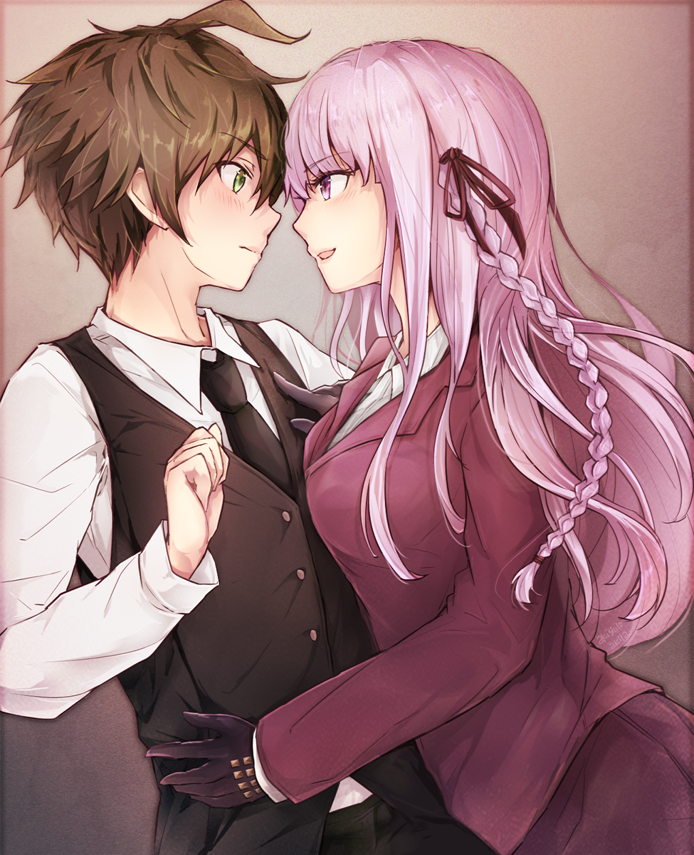 1boy, 1girl, akira_(aky-la), blush, breasts, commentary_request, dangan_ronpa, dangan_ronpa_3