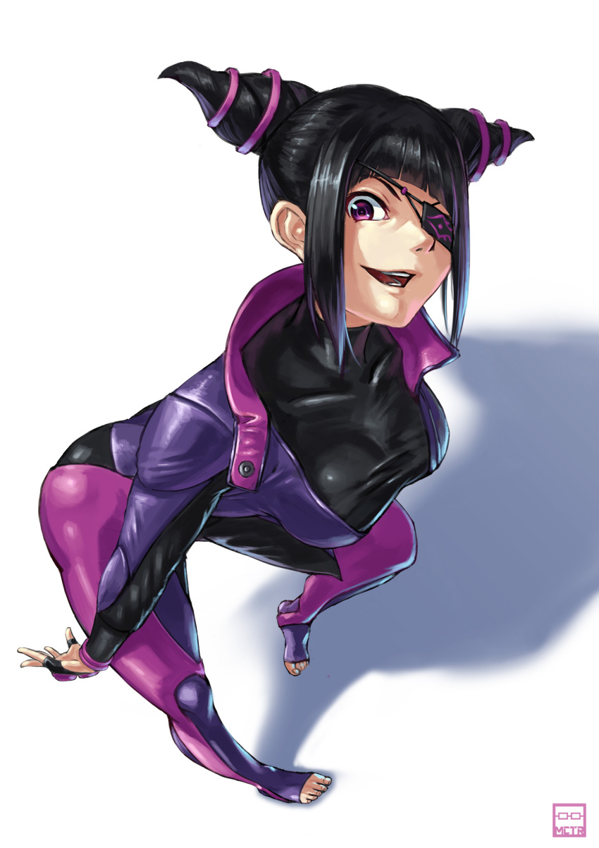 1girl, barefoot, biker_clothes, bikesuit, black_hair, bodysuit, capcom, crazy_eyes