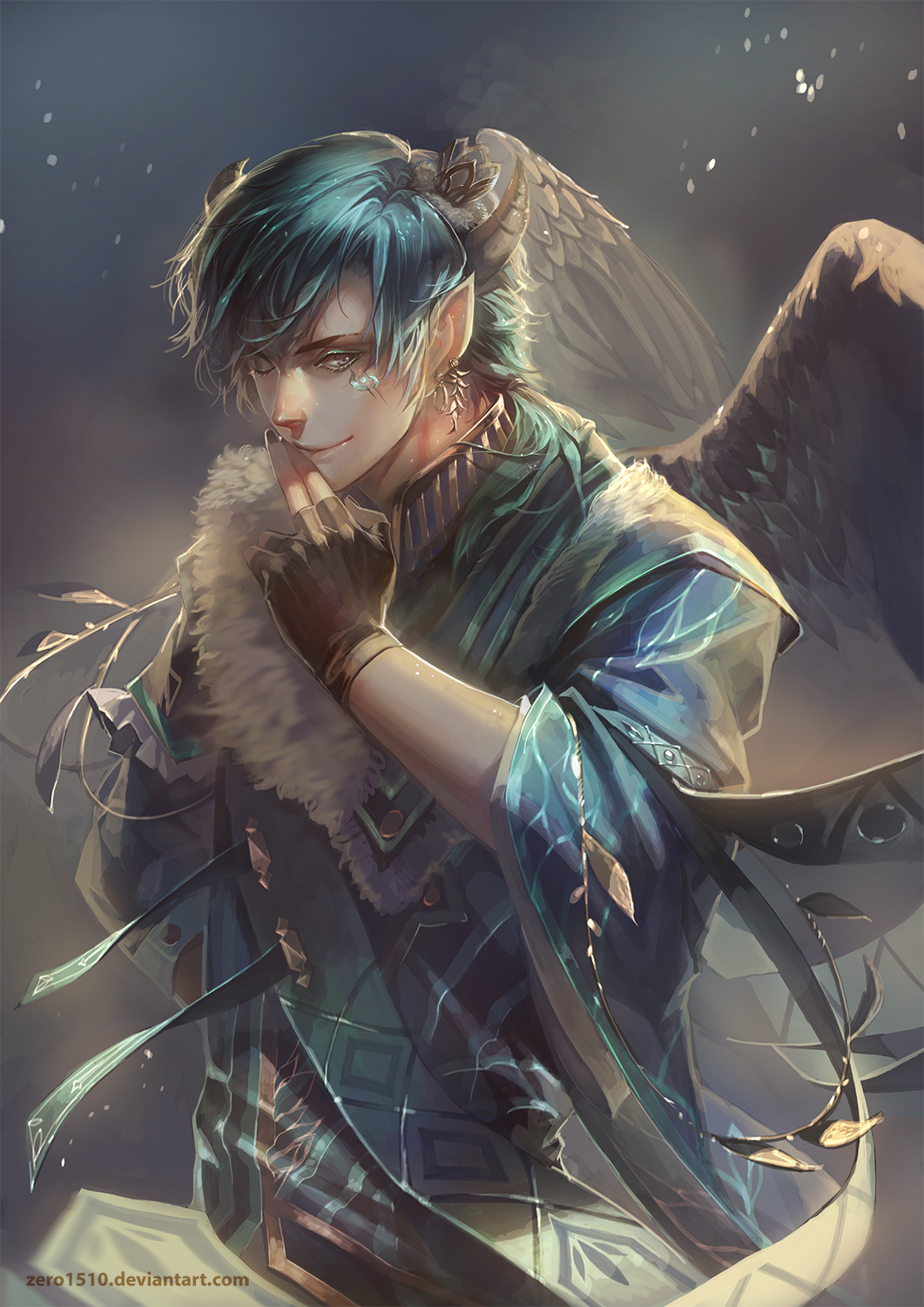 1boy, angel_wings, blue_hair, brown_eyes, brown_gloves, earrings, facial_tattoo, fingerless_gloves