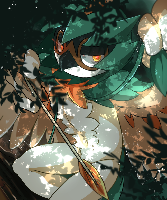 ajikan_(sabamiso), arrow, decidueye, feathered_wings, feathers, glowing_eyes, hiding, hood, leaf, no_humans, pokemon, pokemon_(creature), pokemon_(game), pokemon_sm, solo, tree, wings, yellow_eyes