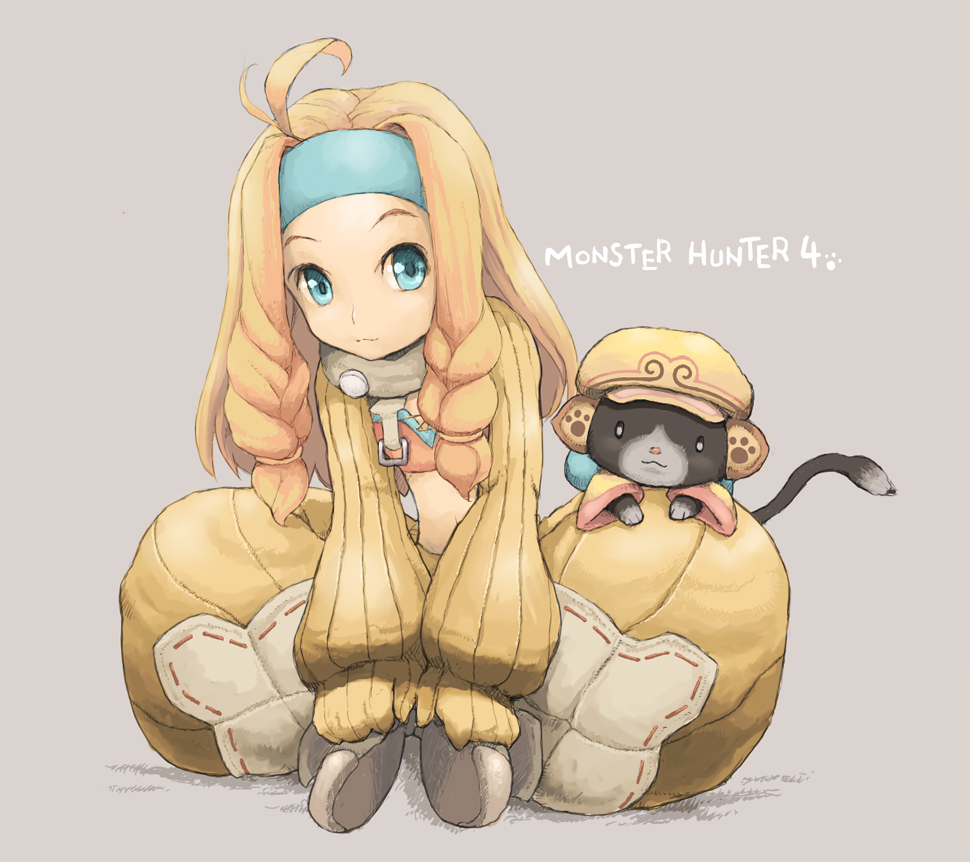 1girl, ahoge, blonde_hair, blue_eyes, blush, braid, crafting_shop_daughter_(monster_hunter), headband