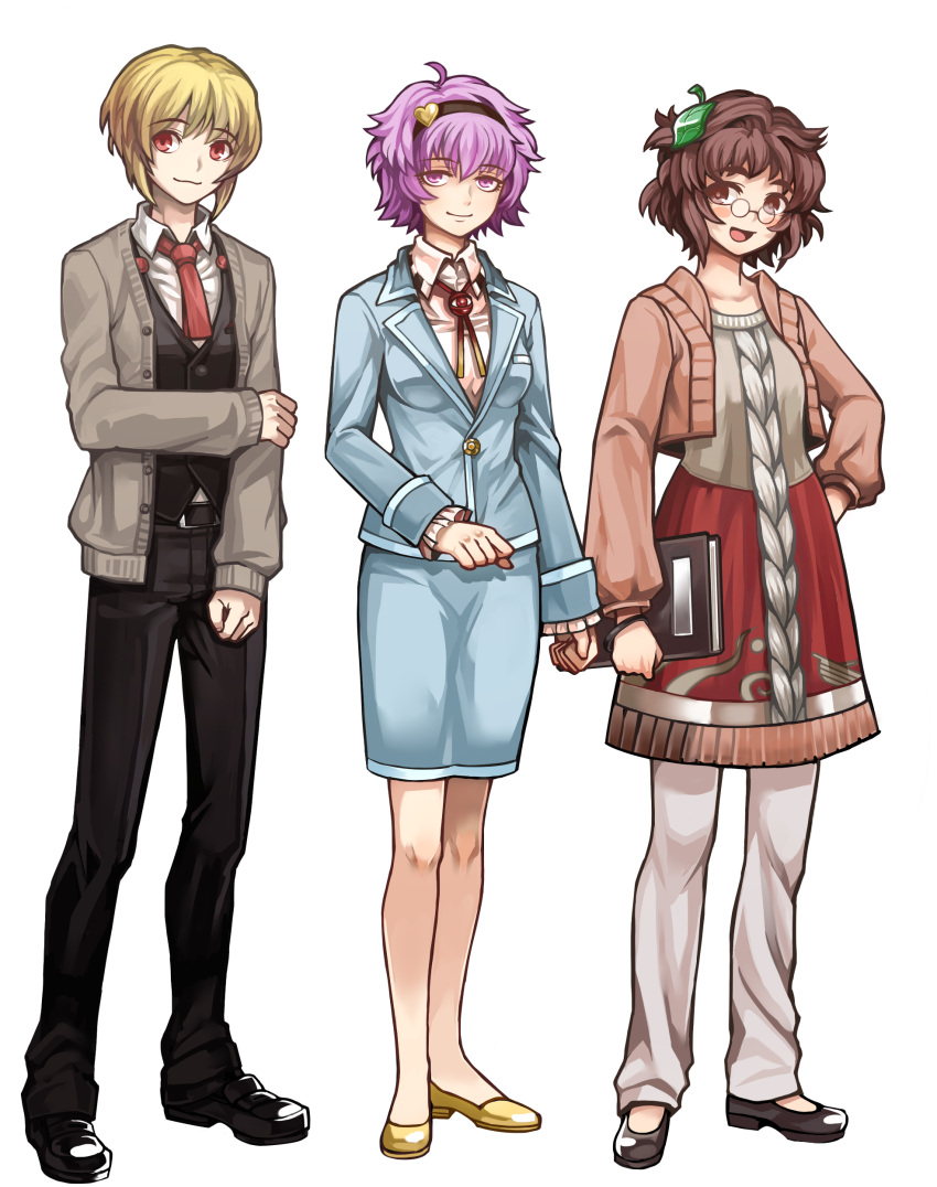 3girls, absurdres, adapted_costume, alternate_costume, amaguri_(2niso2), ascot, blonde_hair, blue_jacket, blue_skirt, book, brown_eyes, brown_hair, cardigan, commentary_request, contemporary, dress, eyeball, formal, futatsuiwa_mamizou, glasses, hairband, highres, jacket, komeiji_satori, leaf, leaf_on_head, long_sleeves, multiple_girls, neckerchief, office_lady, pants, pink_eyes, pink_hair, red_eyes, rumia, shirt, short_hair, skirt, skirt_suit, suit, third_eye, touhou, vest, white_shirt