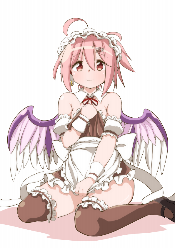 1girl, ahoge, alternate_costume, apron, bare_shoulders, breasts, brown_dress, brown_legwear