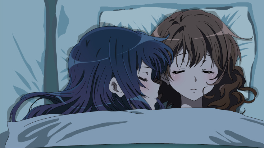 2girls, black_hair, brown_hair, closing_eyes, futon, hibike!_euphonium, kousaka_reina, long_hair