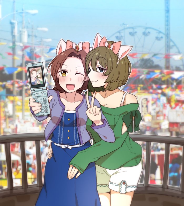 2girls, ;d, animal_ears, arms_around_waist, bare_shoulders, blue_eyes, blush, bow