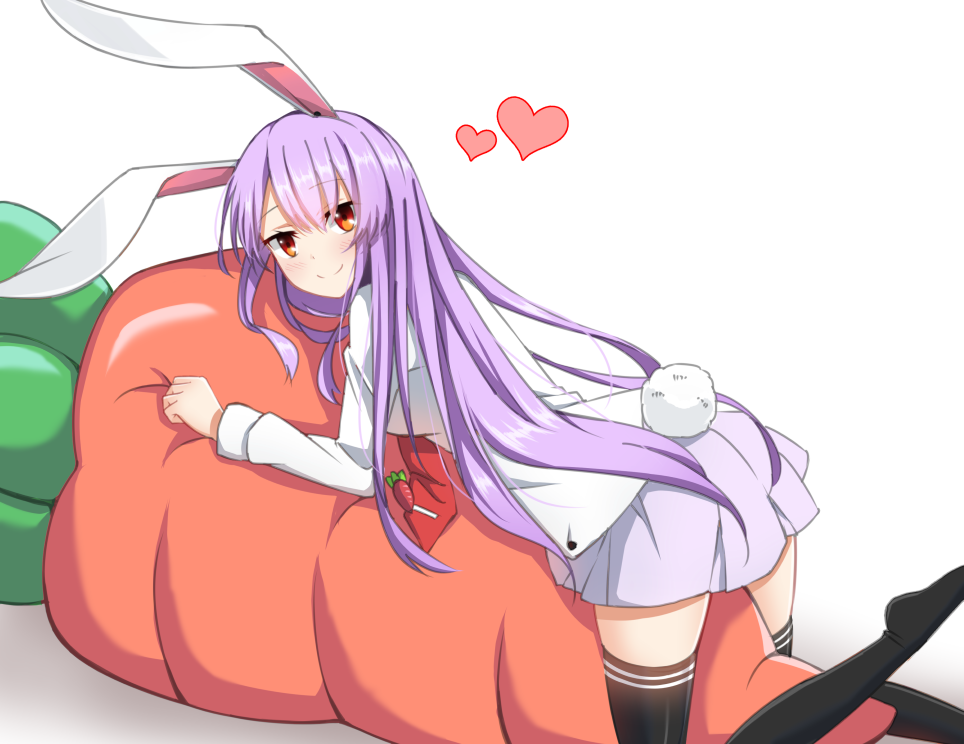 1girl, animal_ears, black_legwear, blush, bunny_tail, carrot_pillow, hair_between_eyes, heart