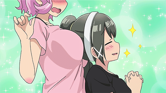 2girls, animated, animated_gif, black_hair, blush, breast_rest, breasts, breasts_on_head