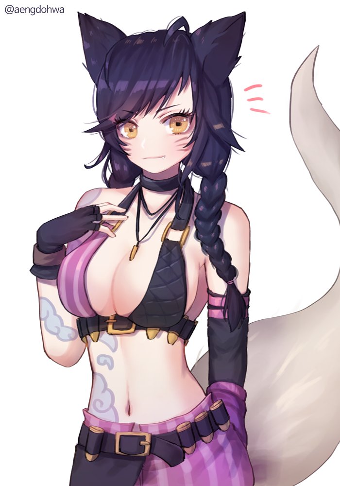 /\/\/\, 1girl, ahri, animal_ears, arm_warmers, asymmetrical_gloves, bangs, bare_shoulders, belt, belt_buckle, belt_pouch, bikini_top, black_gloves, black_hair, blue_eyes, braid, breasts, buckle, bullet, choker, cleavage, closed_mouth, cosplay, eyebrows, eyebrows_visible_through_hair, fang, fang_out, fingerless_gloves, fox_ears, fox_tail, gloves, hair_over_shoulder, hair_tie, halter_top, halterneck, hanato_(seonoaiko), jewelry, jinx_(league_of_legends), jinx_(league_of_legends)_(cosplay), large_breasts, league_of_legends, looking_at_viewer, midriff, navel, pendant, shade, solo, stomach, striped, tail, twin_braids, twintails, twitter_username, upper_body, vertical_stripes, whisker_markings, yellow_eyes