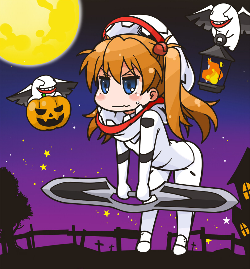 1girl, angel_(evangelion), angry, blue_eyes, blush, chibi, costume, halloween