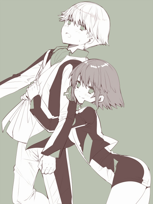 1boy, 1girl, blush, cropped_jacket, finger_marks, hug, hug_from_behind, jacket