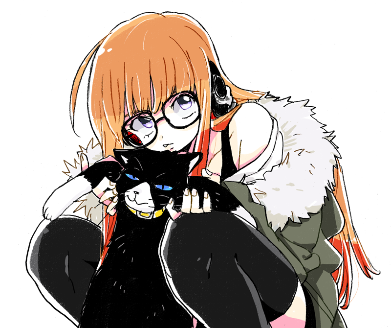 1girl, cat, glasses, long_hair, mokeo, morgana_(persona_5), persona, persona_5