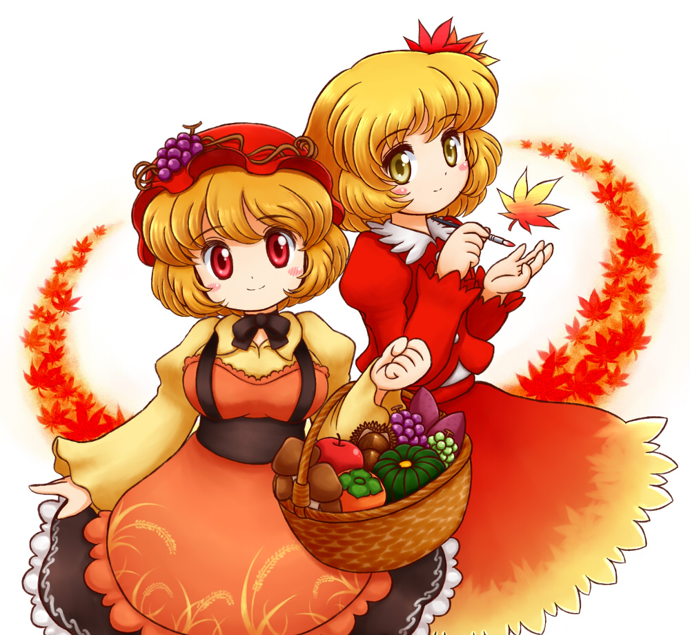 2girls, aki_minoriko, aki_shizuha, apple, basket, blonde_hair, blush, breasts