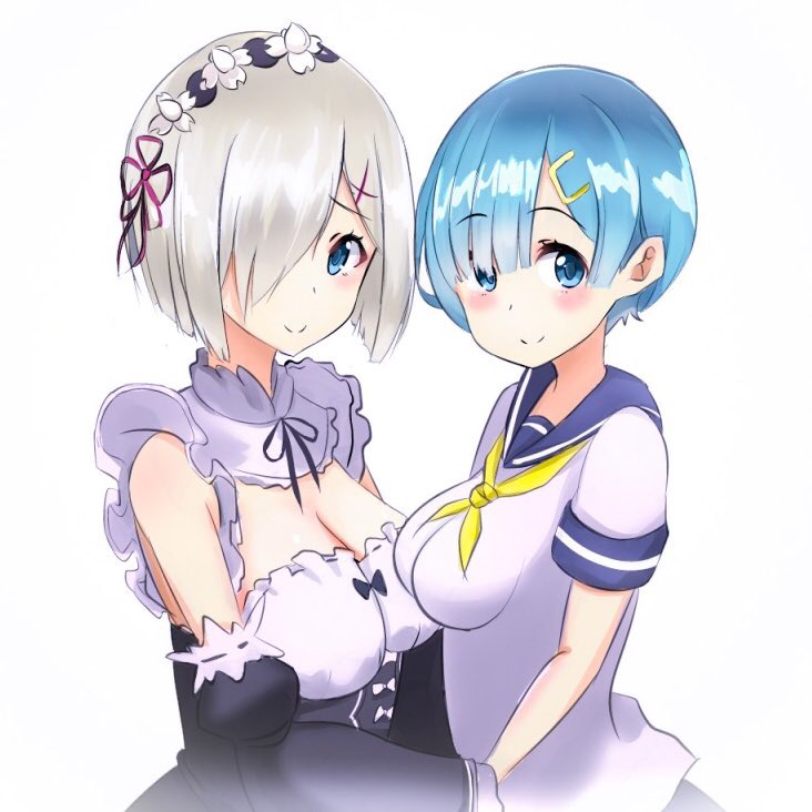 2girls, blue_eyes, blue_hair, blush, breasts, cleavage, cosplay, costume_switch