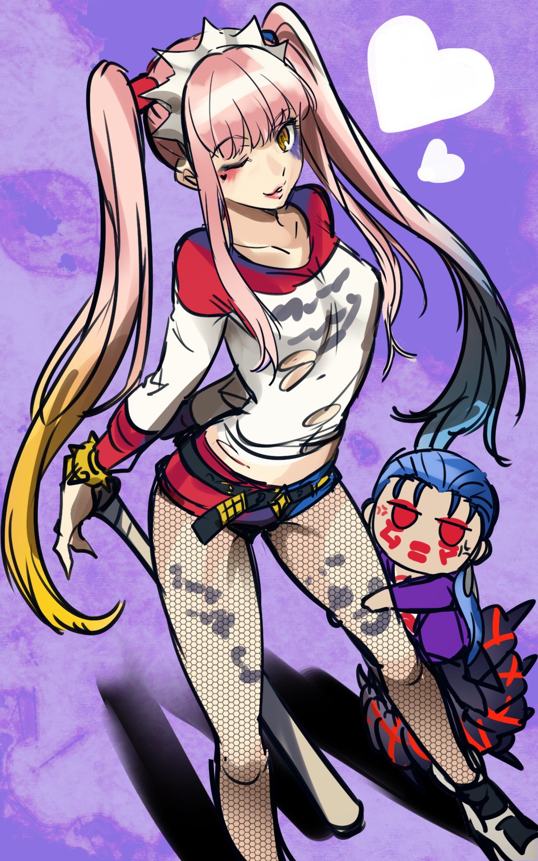1boy, 1girl, abstract_background, anger_vein, arms_behind_back, baseball_bat, belt, blonde_hair