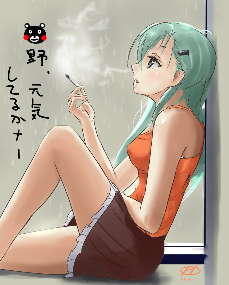 1girl, aqua_eyes, aqua_hair, brown_skirt, cigarette, hair_ornament, hairclip, harut_n
