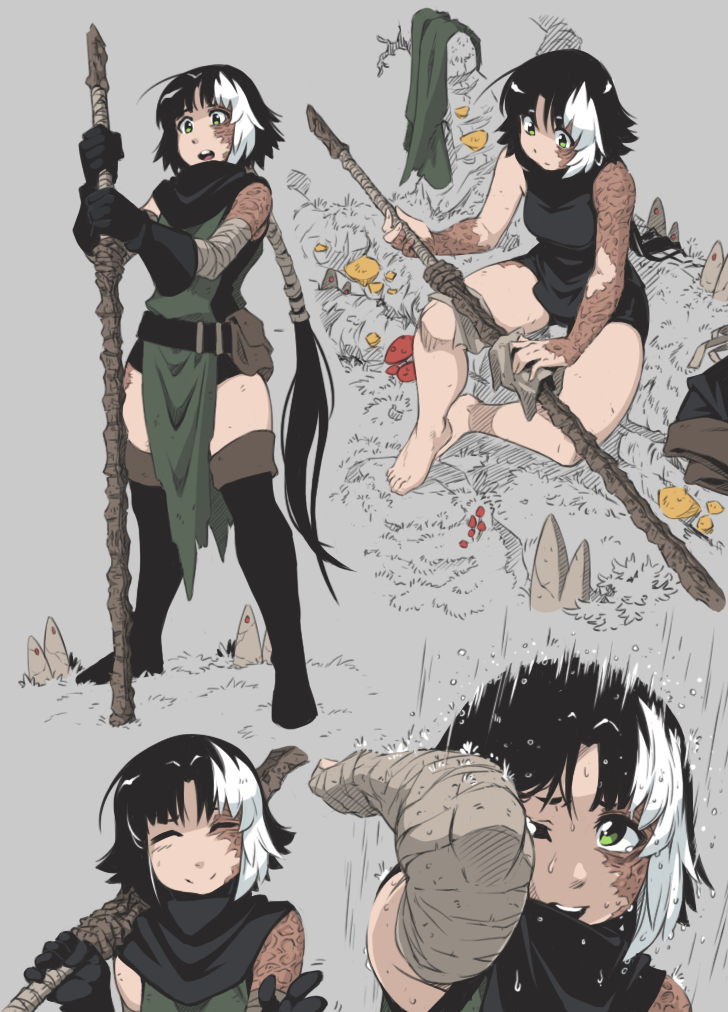 1girl, bandaged_arm, bangs, black_hair, boots, burn_scar, burnt, closed_eyes