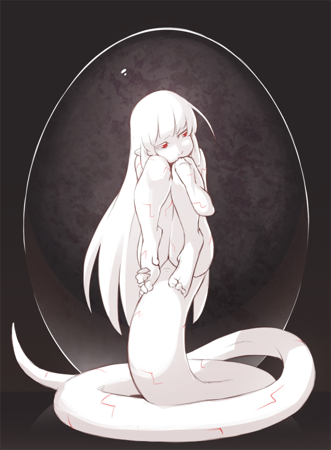 1girl, alien, egg, knees_to_chest, long_hair, long_tail, looking_away, original, petite-emi, pointy_ears, red_eyes, sitting_on_tail, solo, tail, tail_stand, white_hair, white_skin