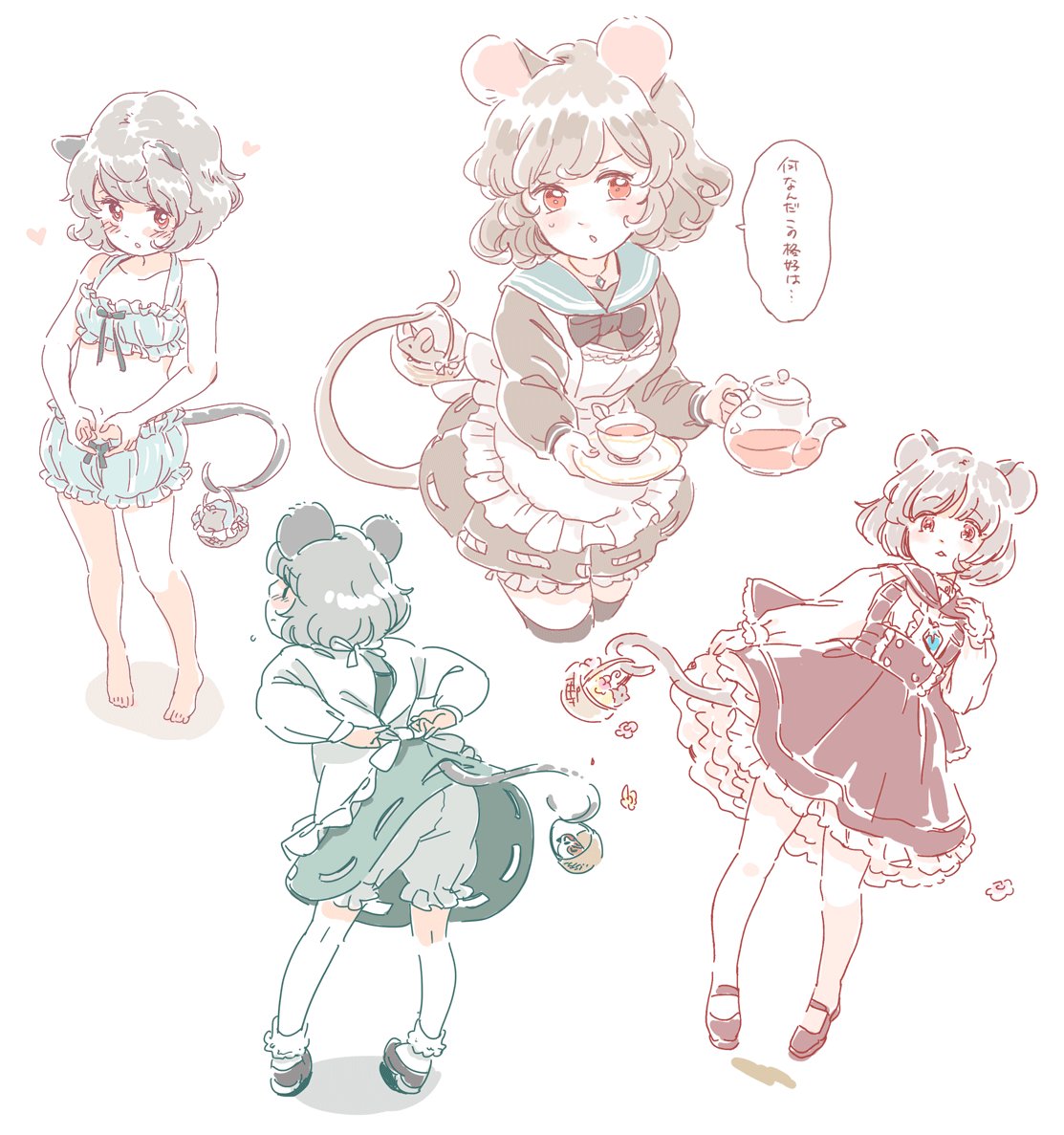 1girl, alternate_costume, animal_ears, apron, barefoot, basket, bird, black_legwear