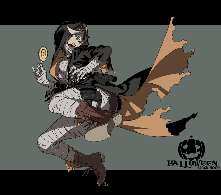 1girl, :p, bandages, belt, black_hair, black_hood, blue_eyes, breasts