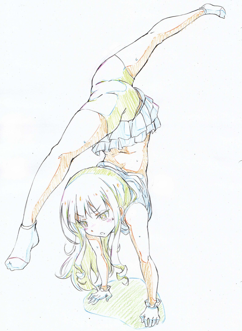1girl, absurdres, anitore!_ex, bike_shorts, colored_pencil_(medium), commentary_request, flexible, handstand