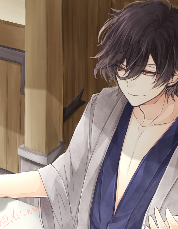 1boy, black_hair, closed_mouth, collarbone, eyebrows, eyebrows_visible_through_hair, hair_between_eyes, haori