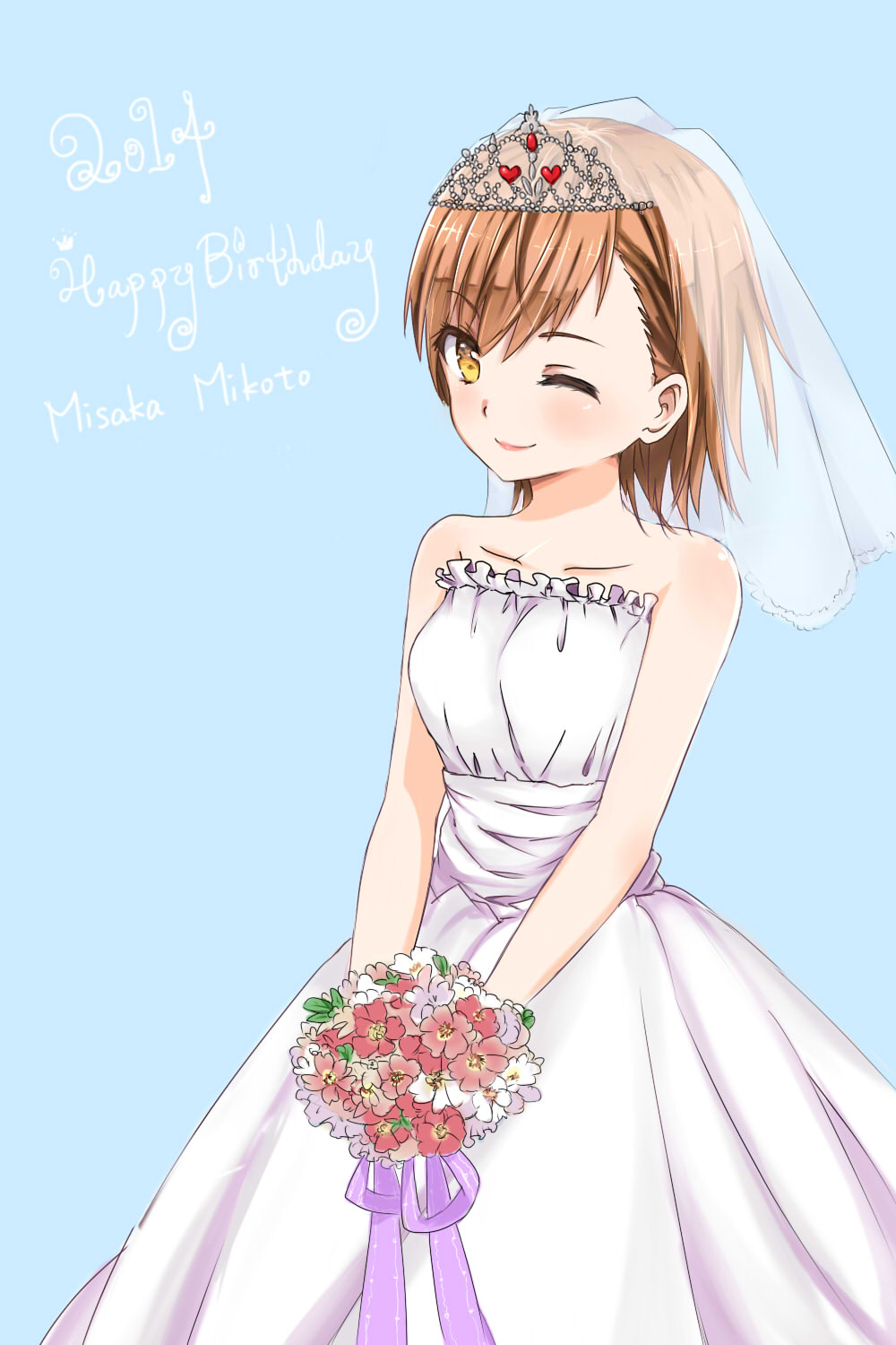 1girl, 2014, ;), bare_shoulders, blush, bouquet, bridal_veil, bride