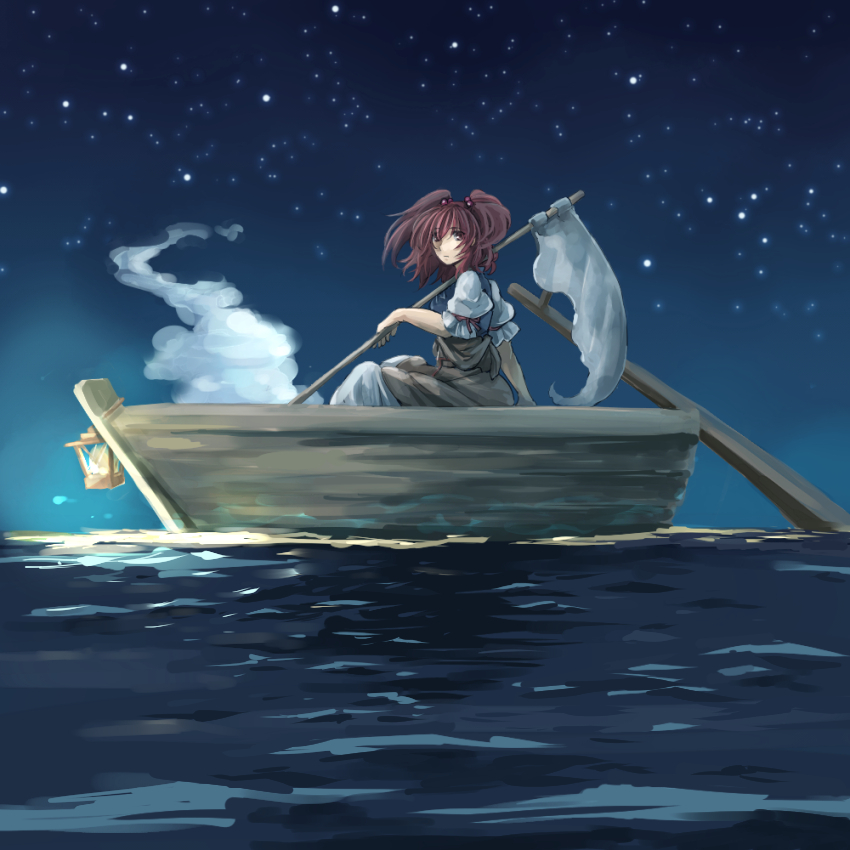 1girl, boat, hair_bobbles, hair_ornament, kitsune_maru, lantern, night, ocean