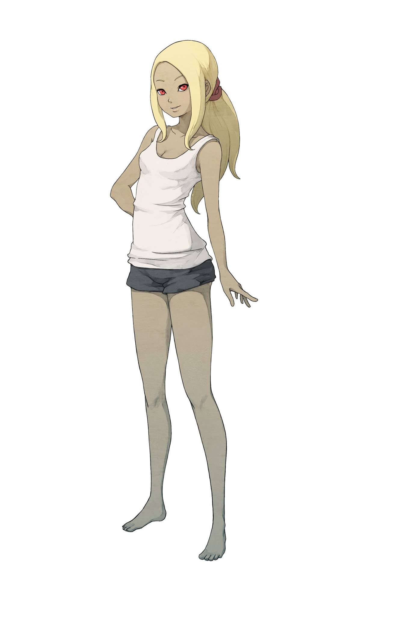 1girl, alternate_costume, alternate_hairstyle, barefoot, blonde_hair, breasts, casual, cleavage