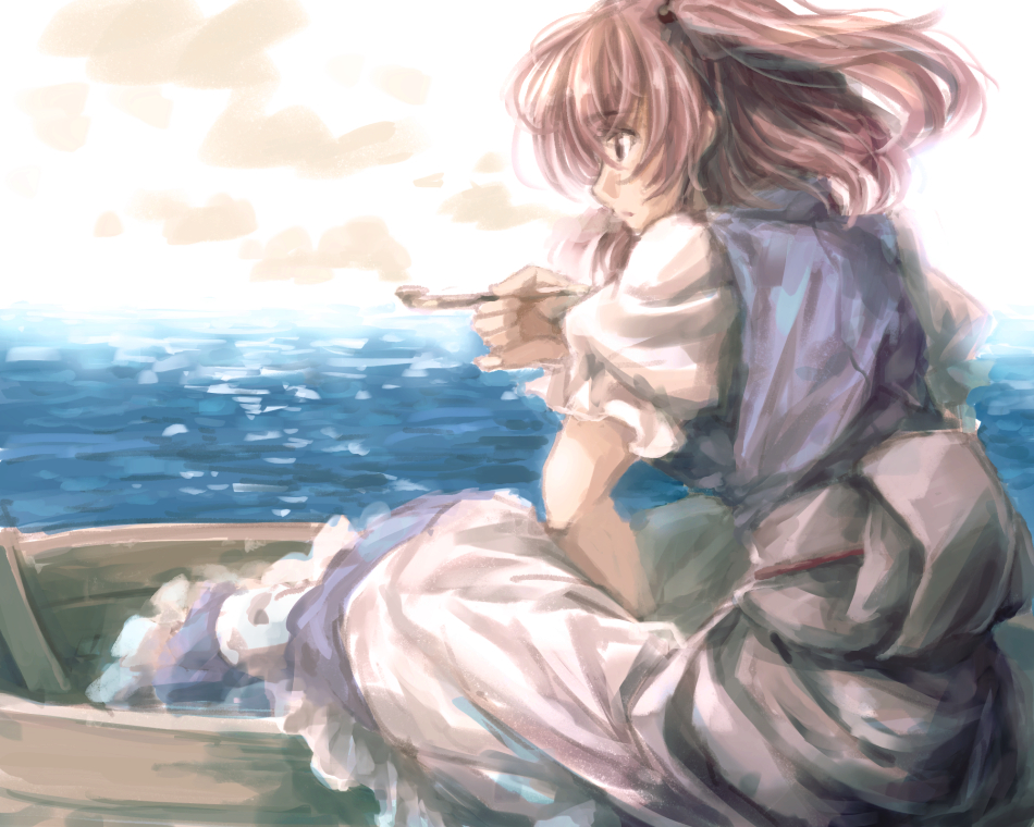 1girl, boat, hair_bobbles, hair_ornament, holding, holding_pipe, japanese_clothes, kitsune_maru