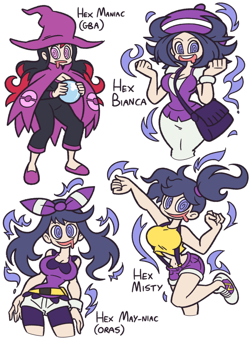 4girls, @_@, al_bhed_eyes, bel_(pokemon), bel_(pokemon)_(cosplay), black_hair, breasts, cape