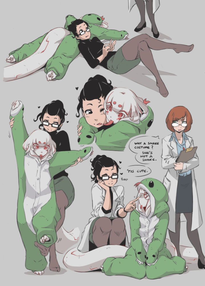 3girls, ^_^, alien, animal_costume, black-framed_eyewear, black_eyes, black_hair, black_legwear, clipboard, closed_eyes, crossed_legs, english, freckles, glasses, grey_background, heart, hood, hug, labcoat, long_tongue, monster_girl, multiple_girls, nose_poke, original, pantyhose, petite-emi, pointy_ears, poking, red_eyes, redhead, rimless_glasses, short_hair, simple_background, smile, snake_costume, tail, tongue, tongue_out, white_hair, white_skin
