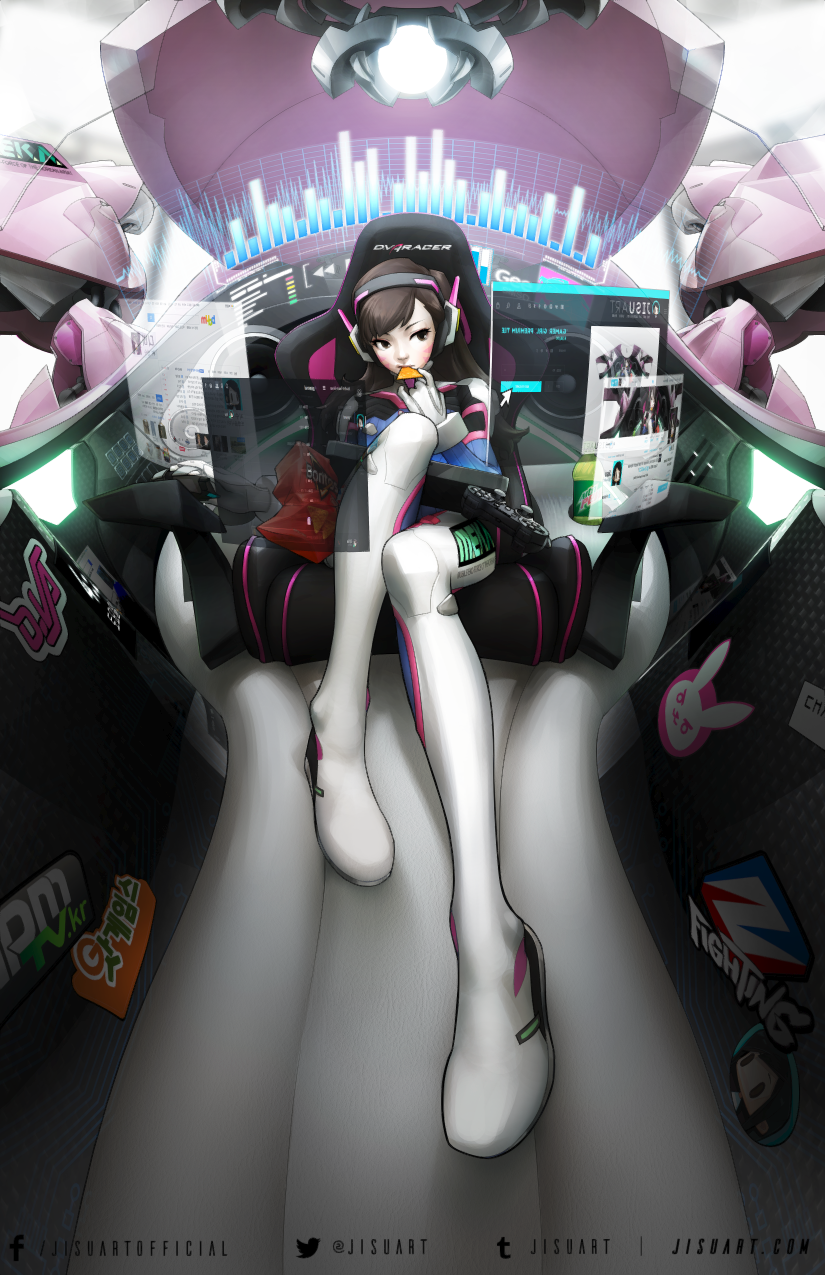 1girl, bag_of_chips, bodysuit, brown_hair, chair, cockpit, controller, d.va_(overwatch)