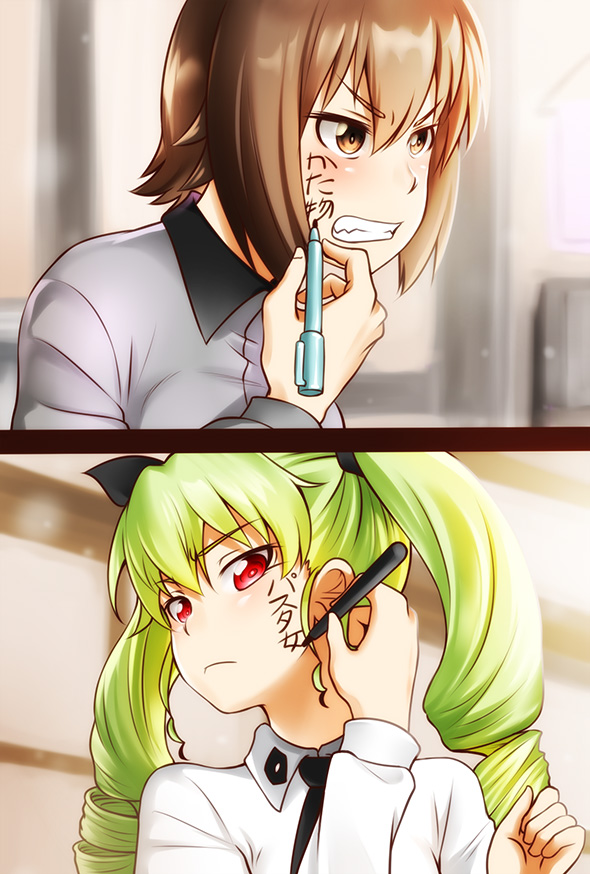 2girls, anchovy, angry, bangs, brown_eyes, brown_hair, dress_shirt, drill_hair