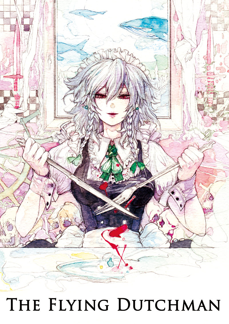 blood, braid, chihiro_(artist), chihiro_(kemonomichi), cover, fork, graphite_(medium), hairband