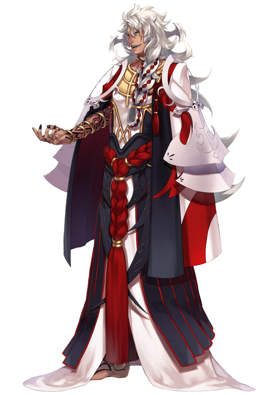 1boy, barefoot, bracelet, dark_skin, facial_tattoo, fate/grand_order, fate_(series), full_body