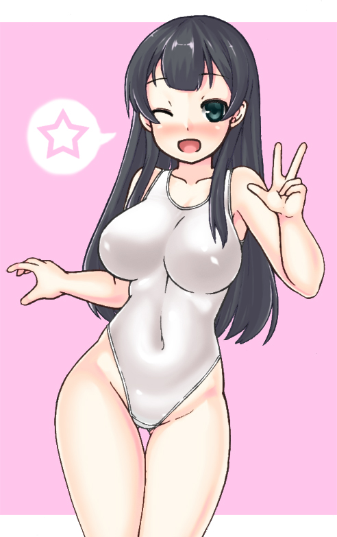 1girl, agano_(kantai_collection), ass_visible_through_thighs, black_hair, blue_eyes, blush, breasts, competition_swimsuit