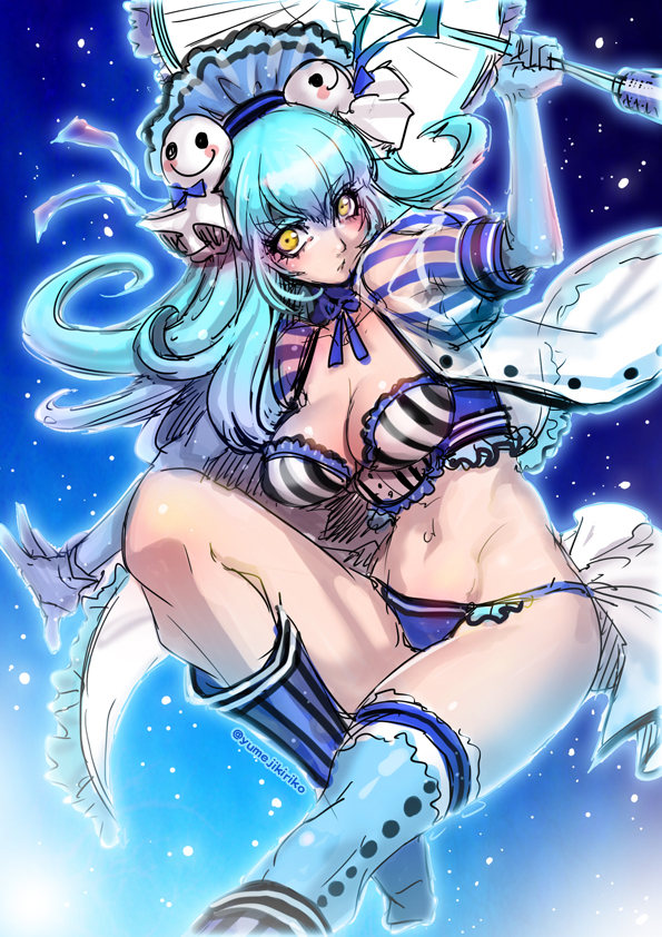 1girl, aqua_hair, artist_name, breasts, cleavage, long_hair, original, panties, solo, umbrella, underwear, yellow_eyes, yumeji_kiriko