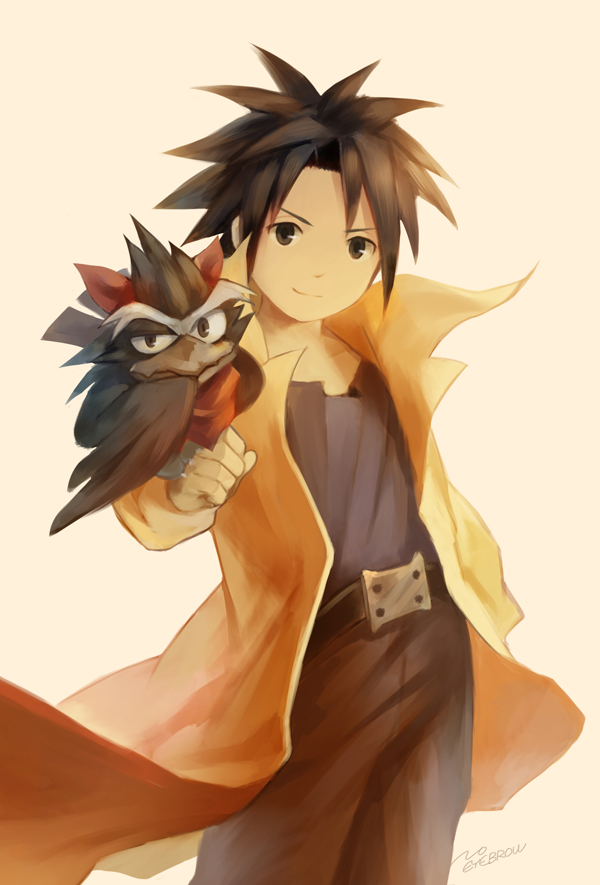 1boy, animal, belt, bird, black_eyes, black_hair, cloak, crow, jing_(ou_dorobou_jing), jing_king_of_bandits, kir_(jing_king_of_bandits), looking_at_viewer, noeyebrow_(mauve), scarf, short_hair, signature, simple_background, smile