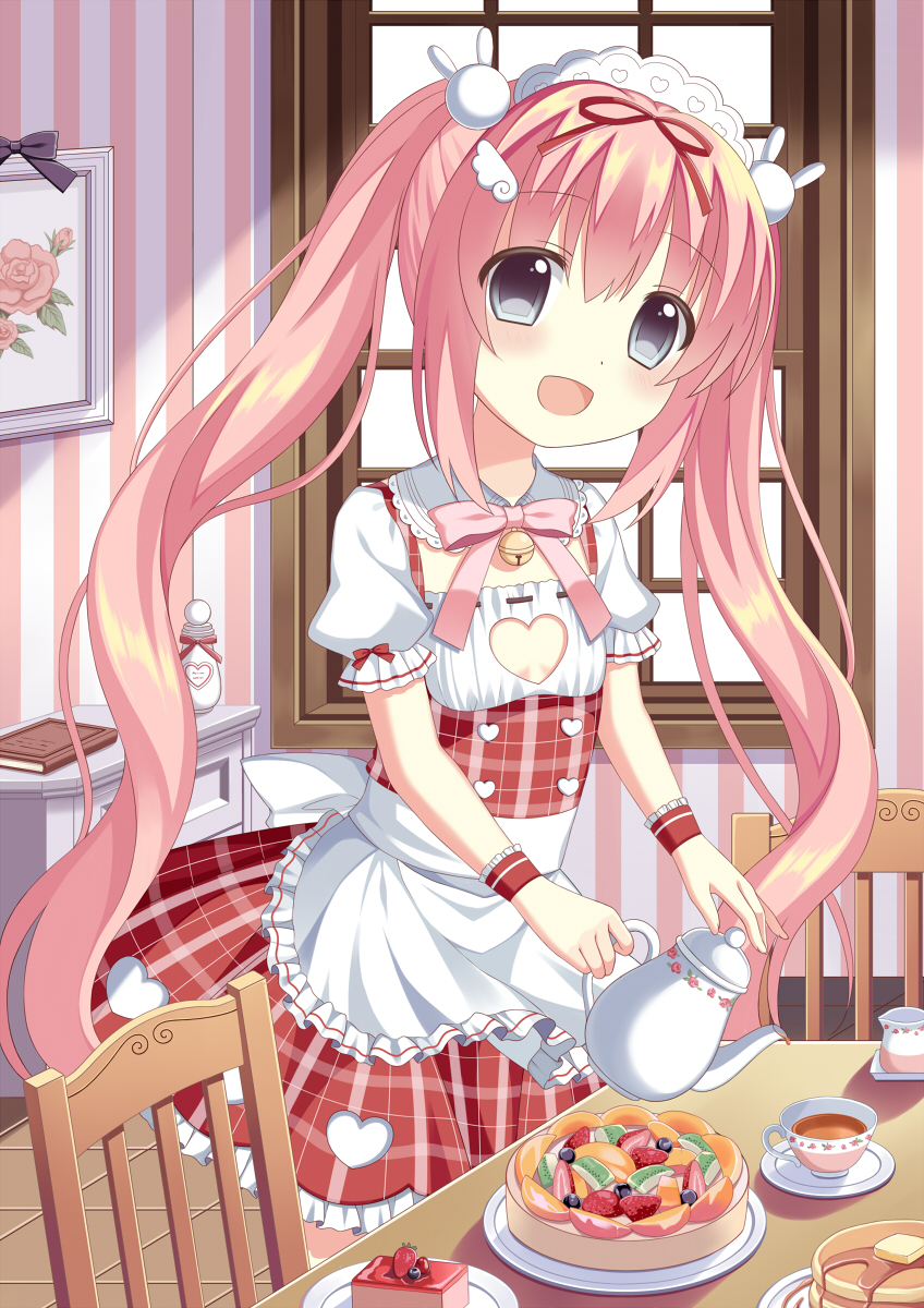 1girl, breasts, cake, cleavage, cleavage_cutout, coffee, eyebrows, eyebrows_visible_through_hair, food, grey_eyes, heart_cutout, highres, indoors, long_hair, maid, maid_headdress, open_mouth, original, pink_hair, riria_(happy_strawberry), small_breasts, solo, striped, twintails, window