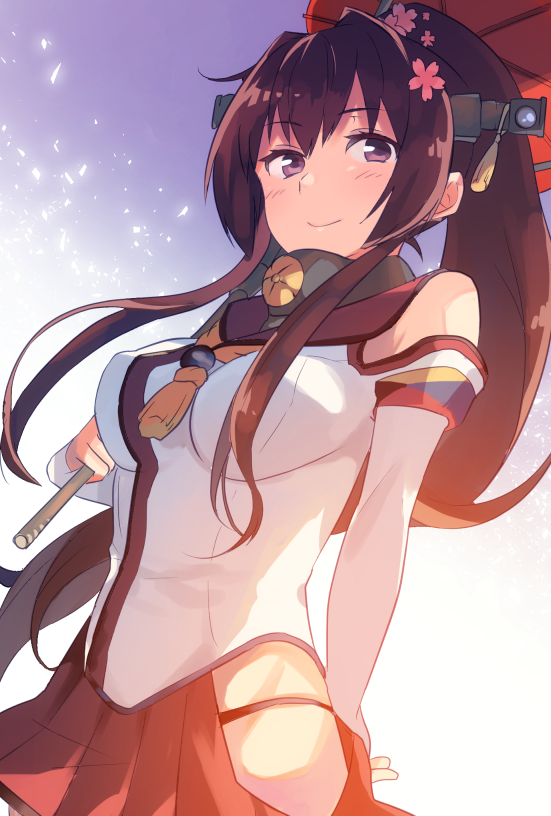 1girl, arm_behind_back, between_breasts, breasts, brown_hair, collar, detached_sleeves, eyebrows, eyebrows_visible_through_hair, from_below, hair_between_eyes, headgear, holding, holding_umbrella, kantai_collection, long_hair, long_sleeves, looking_at_viewer, medium_breasts, petals, ponytail, red_skirt, senbei_(senbe_i), skirt, smile, solo, umbrella, upper_body, very_long_hair, violet_eyes, yamato_(kantai_collection), zulu_(naval_flag)