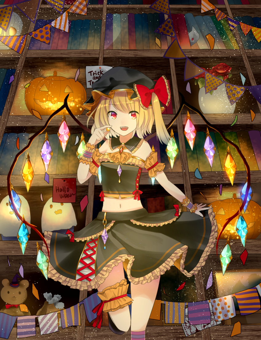 1girl, arm_cuffs, ascot, black_hat, black_shirt, black_skirt, blonde_hair, book, bow, commentary_request, confetti, cowboy_shot, crystal, detached_collar, envelope, flandre_scarlet, frilled_skirt, frills, ghost, hair_bow, halloween, hat, hat_bow, highres, jack-o'-lantern, kneehighs, looking_at_viewer, midriff, mob_cap, navel, pennant, red_bow, red_eyes, sakipsakip, shirt, side_ponytail, skirt, skull, solo, standing, standing_on_one_leg, striped, striped_legwear, stuffed_animal, stuffed_toy, teddy_bear, thigh_cuffs, touhou, vase, wings, wrist_cuffs