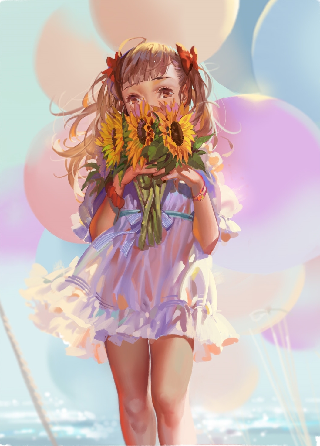 1girl, alphonse_(white_datura), balloon, bracelet, brown_eyes, brown_hair, covering_mouth, dress