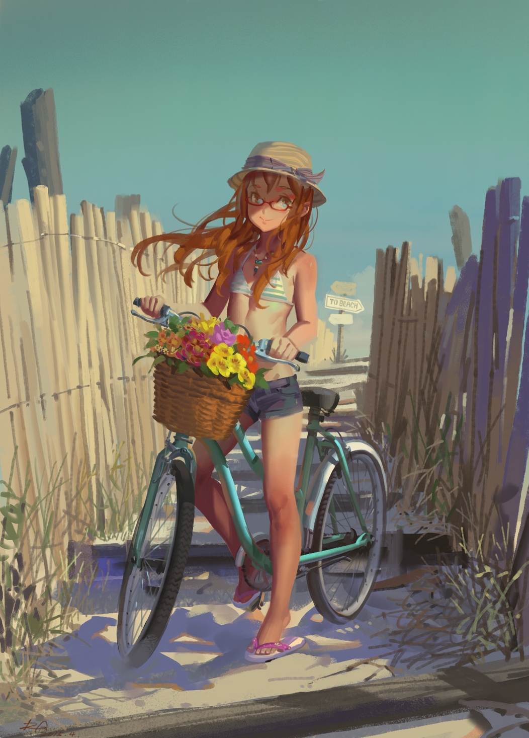 1girl, alphonse_(white_datura), basket, bicycle, bikini, blue_eyes, brown_hair, fence