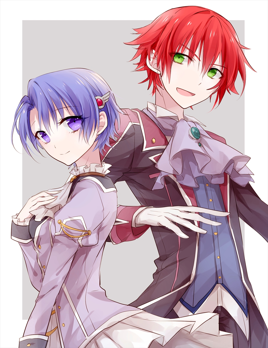 1boy, 1girl, cravat, eiyuu_densetsu, gloves, green_eyes, hair_ornament, highres