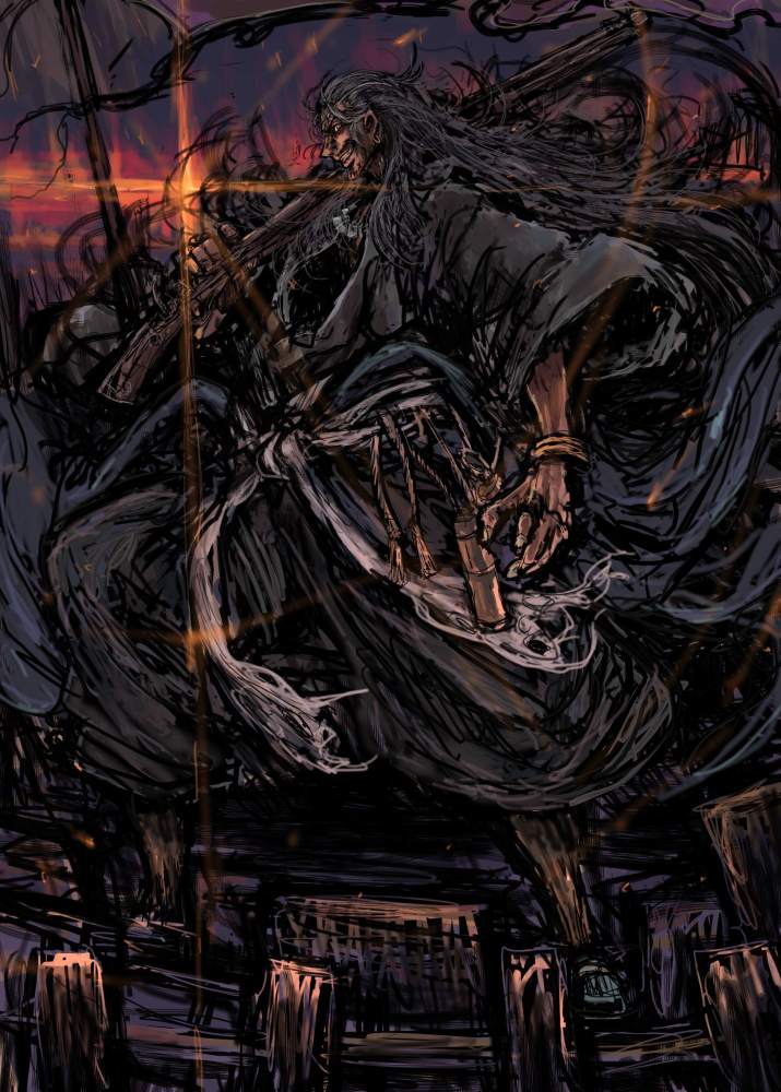 beard, black_hair, drifters, facial_hair, hair_over_one_eye, long_hair, looking_at_viewer, moto_murabito