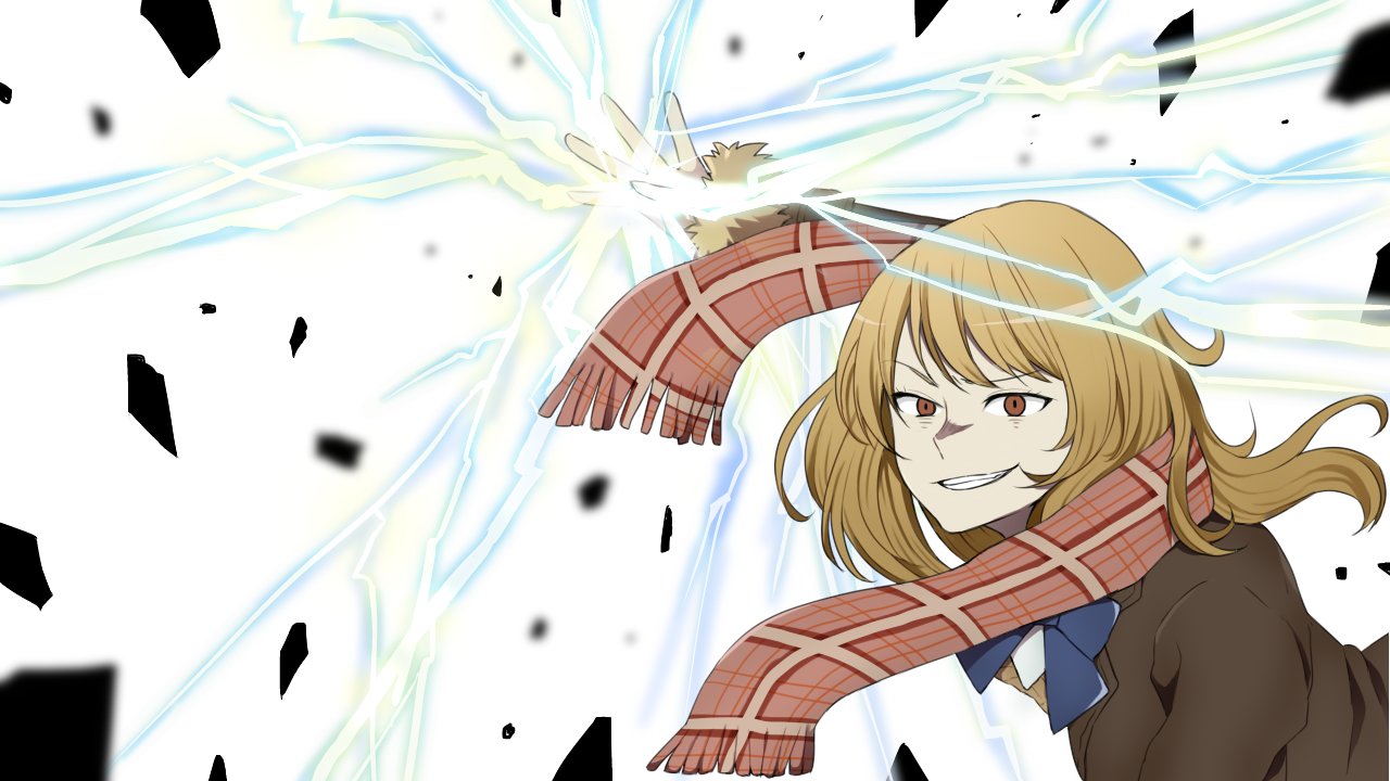 1girl, blonde_hair, blue_bow, blue_bowtie, bow, bowtie, brown_eyes, coat, coppelion, electricity, evil_grin, evil_smile, grin, irae_creation, light, long_hair, ozu_kanon, plaid, plaid_scarf, scarf, smile, solo
