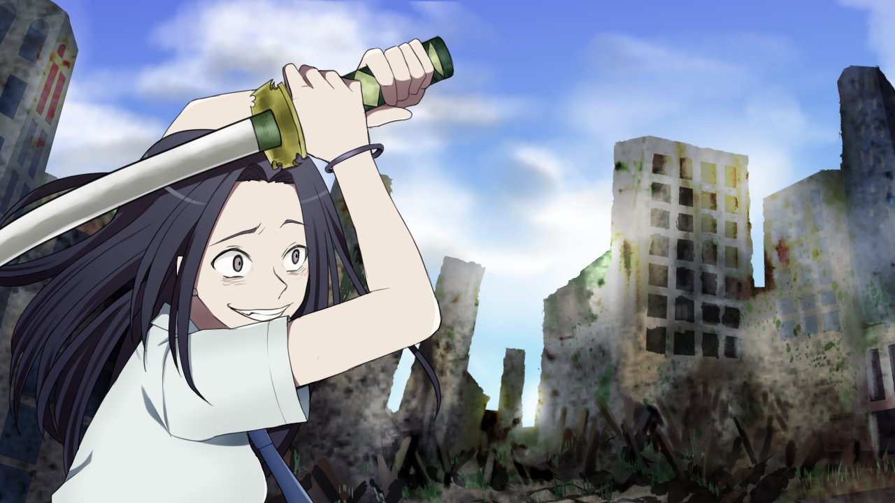 1girl, black_hair, bracelet, coppelion, crazy_eyes, day, evil_grin, evil_smile