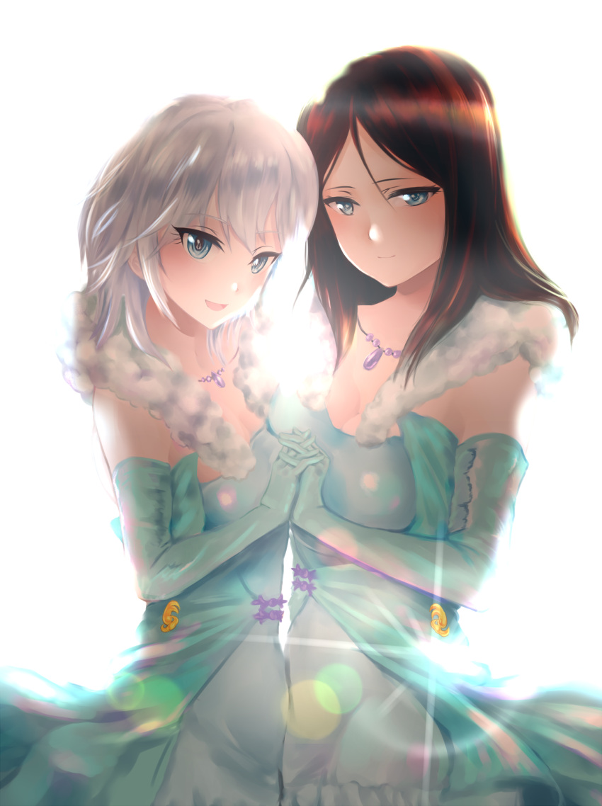 2girls, anastasia_(idolmaster), bare_shoulders, blue_eyes, blush, brown_hair, commentary_request, cosplay