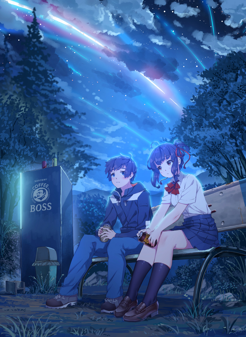 1boy, 1girl, ahoge, bangs, bench, black_hair, black_legwear, blue_skirt