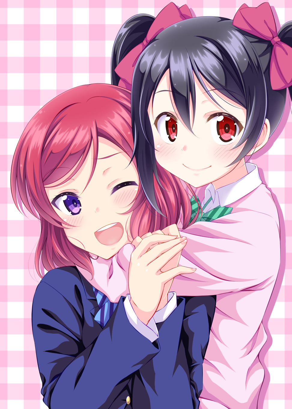 2girls, ;d, black_hair, blush, bow, flo, hair_bow, highres